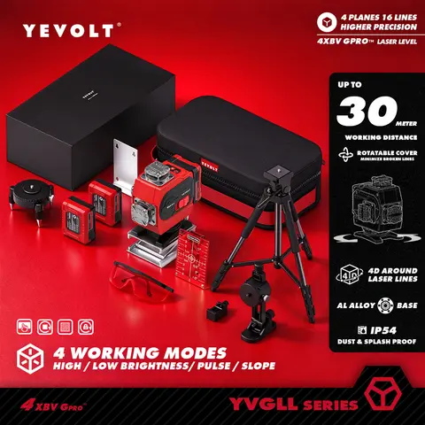YEVOLT Red Laser Level 4-Plane 16-Line Self-leveling 360 4D Power Tools Measuring Household DIY Tool Tile Wall Alignment Work