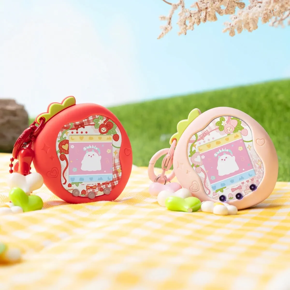 Cute Silicone Case for Tamagotchi Uni – Pink/Red/Orange Strawberry 3-in-1 Protective Cover Set with Faceplate Sticker & Charm