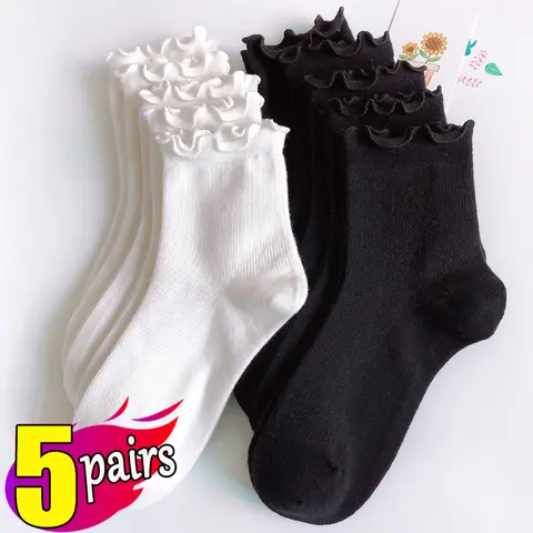 1/3/5 pares de calcetines tobilleros de algodón con volantes para mujer, medias coreanas Kawaii bonitas de Lolita para chica, calcetines japoneses de tubo medio blanco y negro para primavera