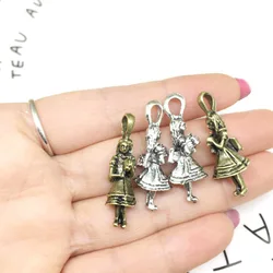 High Quality 10pieces/lot Metel Antique Silver Plated Alice In Wonderland Charms Fit DIY Jewelry Making, Alice pendant 11x32mm