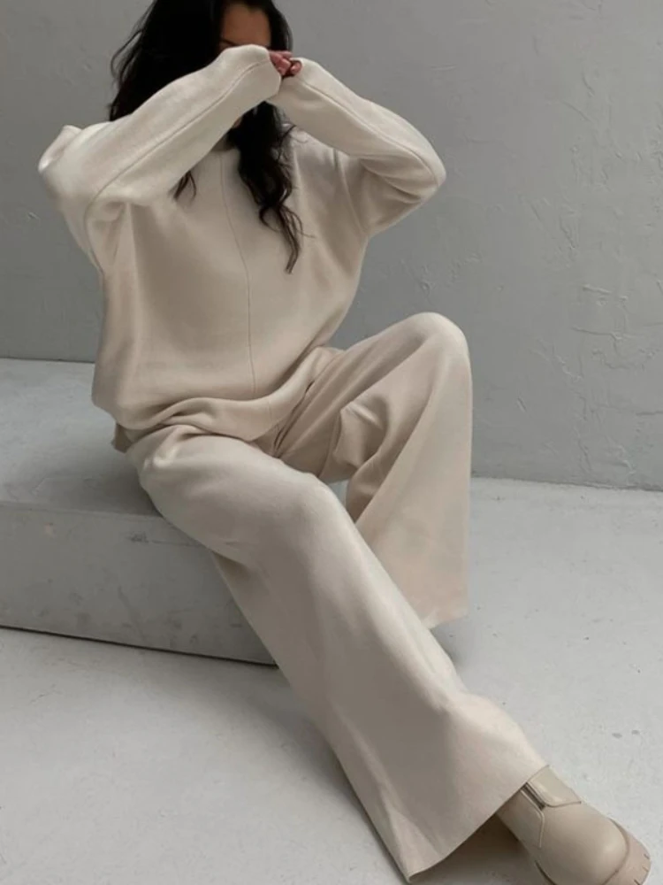 Winter Women Knitted Suit Warm Solid Split Pullovers and Wide Pants Two-piece Suit  Female Half Turtleneck Oversize Tracksuit