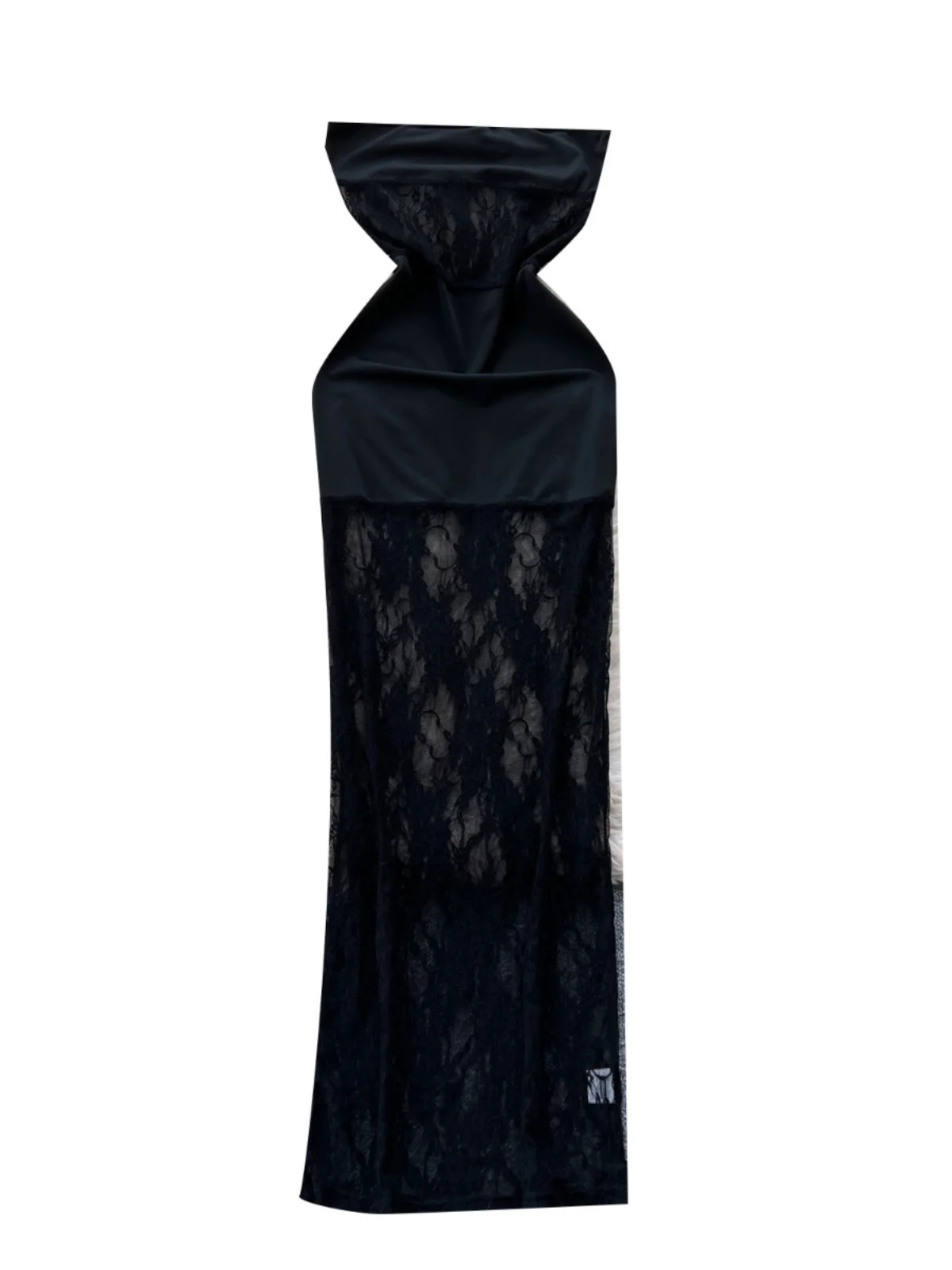 Seksowny koronkowy top tuba z efektem łączenia materiałów, dopasowana spódnica damska z wysokim stanem w kształcie litery A, koreański styl, ażurowe wycięcia, stylizacja na wygląd wyrafinowany, idealna do pracy.