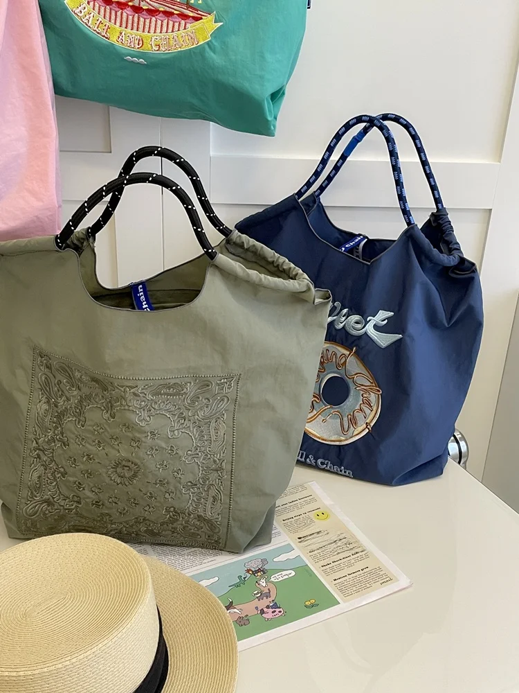 Embroidered Dopaamine  Shopping Bag Handbag Oxford Cloth Bag Nylon Single Shoulder Bag Tote Bag Travel Canvas Bag