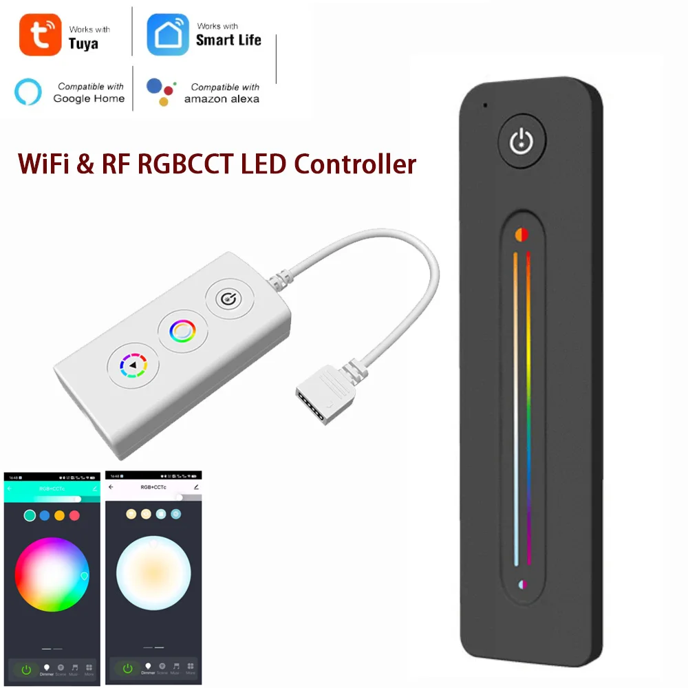 DC5V-24V Tuya WiFi & RF LED Controller 5050 COB RGBCCT 6PIN LED Dimmer 2.4G RF Remote Smart Life APP Voice for Alexa Google Home