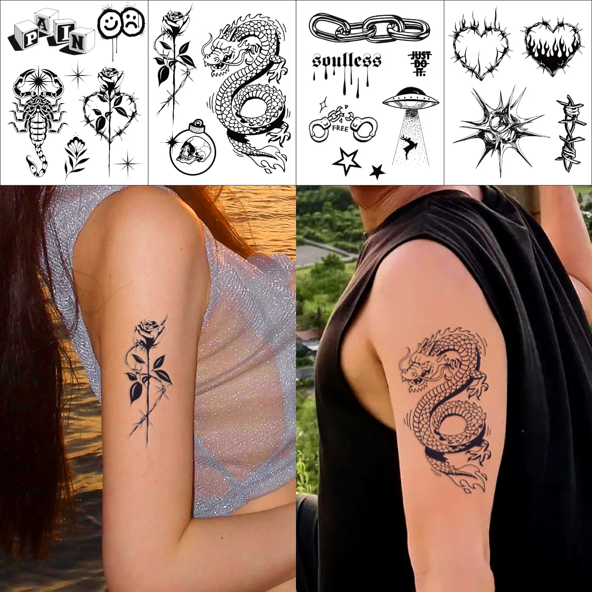 

2pcs New Gothic Heart Scorpion Letter Pattern Waterproof Temporary Tattoo Sticker Semi Permanent Tattoo for Women Decorative Gif