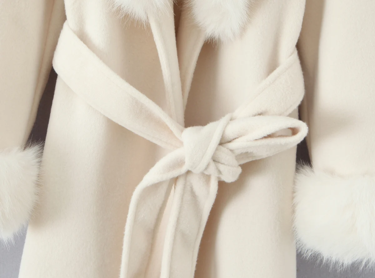 2025 CHIC Autumn Winter Ivory Shaggy Faux Fur Lapel Long Woolen Coat Women Tie Bow Sashes Long Sleeve No Button Trench Outerwear