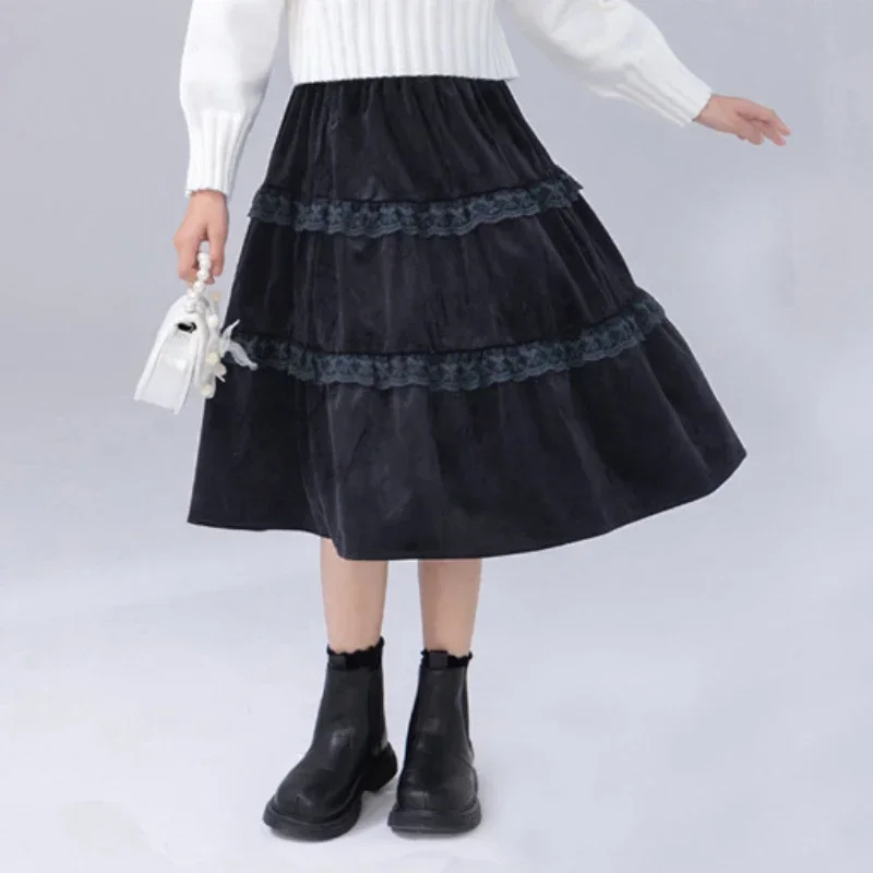 

Teen Girls Velvet Skirt Spring Autumn Black Elegance Lace Patchwork Princess A-line Skirt Daily All-match Kids Costumes 8-14 Y