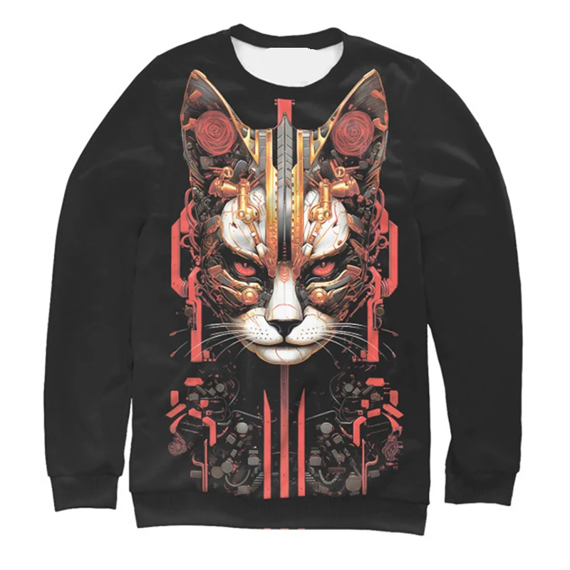 

Mechanical Cat Pattern Men's Women's O-Neck Sweatshirt Future Technology Cyberpunk Style Long Sleeve Pullover Loose Stylish Tops