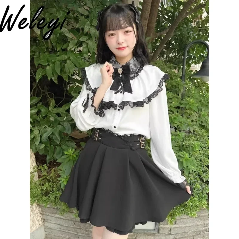 

High Quality Japanese Cute Rojita Shirt Women's 2024 Summer New Sweet Mine Series Mass Produced Cloak Bow Lace Long Sleeved Tops