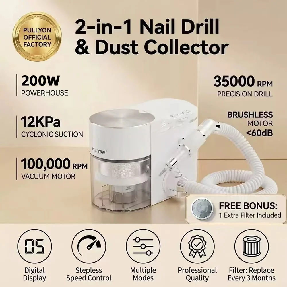 240W Sem Escovas 2 em 1 Lixadeira de Unhas e Aspirador 35000RPM Estação de Manicure Coletor de Pó Atacado de Fábrica 2026 PULLYON