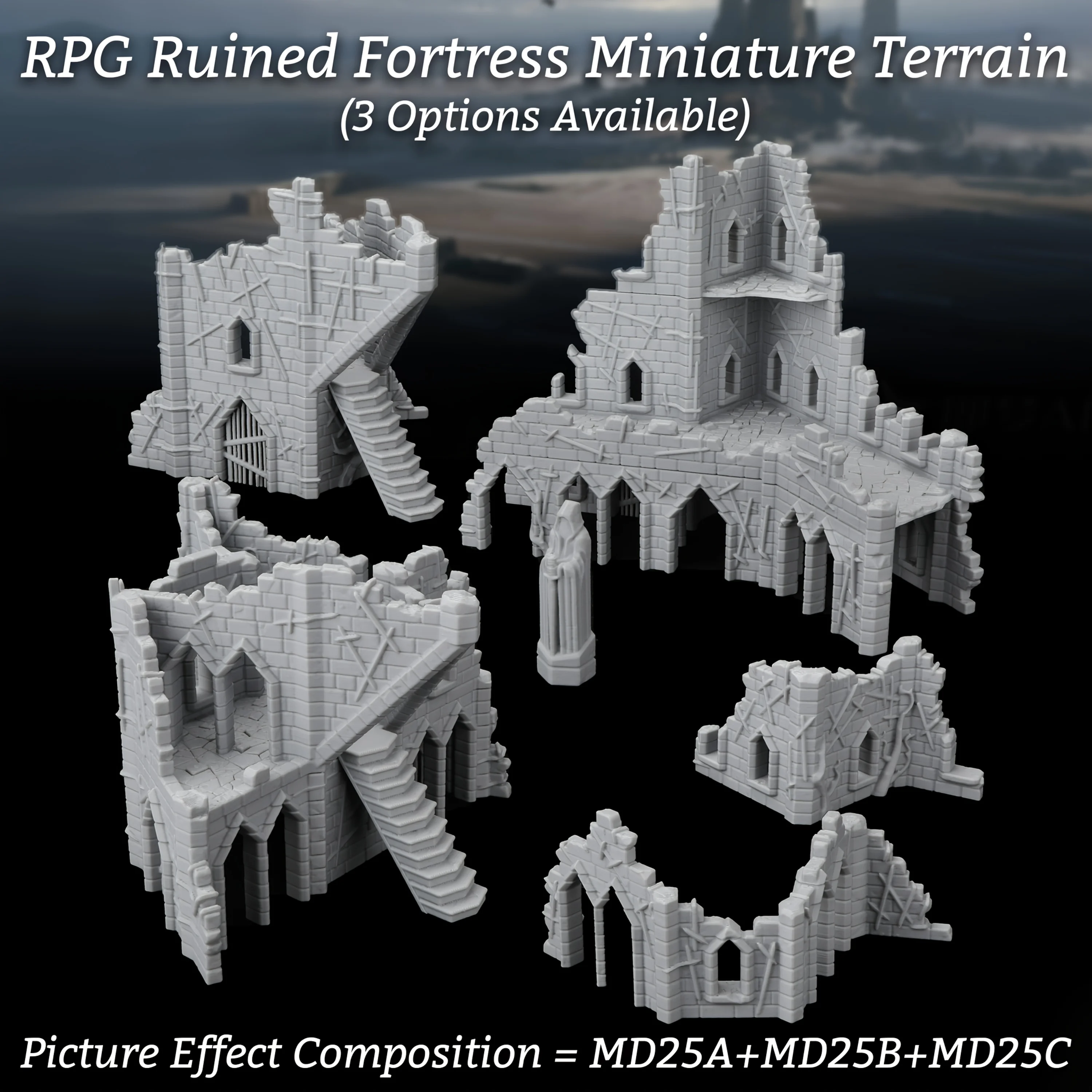 Ruined Fortress Miniature Terrain Set, Broken Stronghold Buildings for TRPG, Modular Structures for Board Game Scene Creation