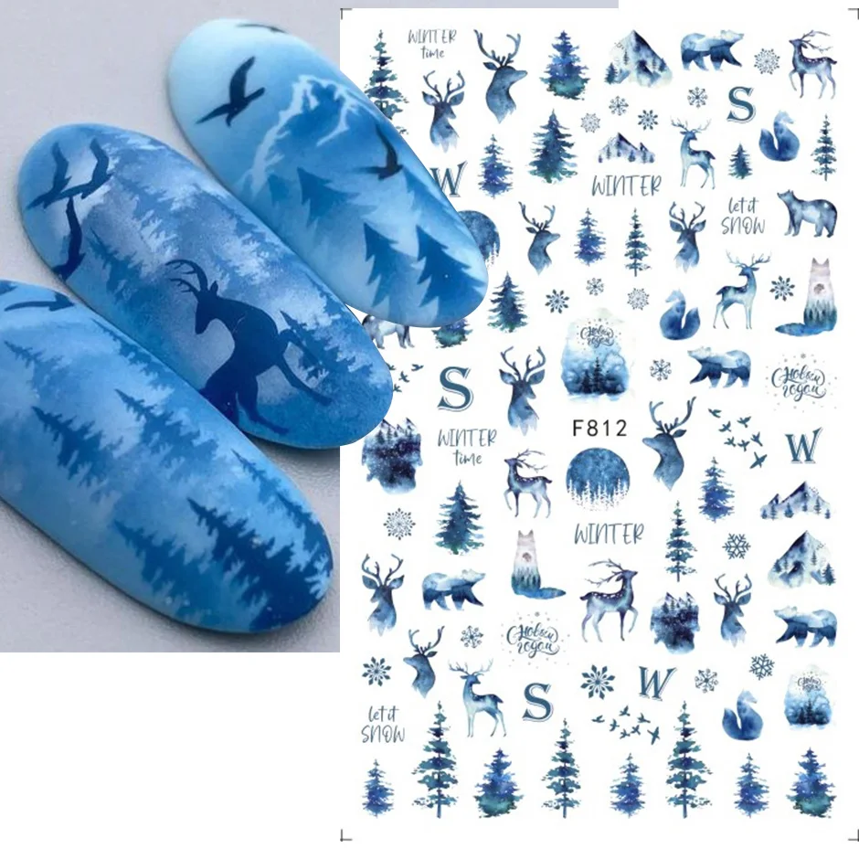 Winter Blue Tree Elk Nail Stickers Snowy Bear Penguin Cute Cartoon Decals 3D Adhesive Slider Manicure Gel Christmas Decor JIF812