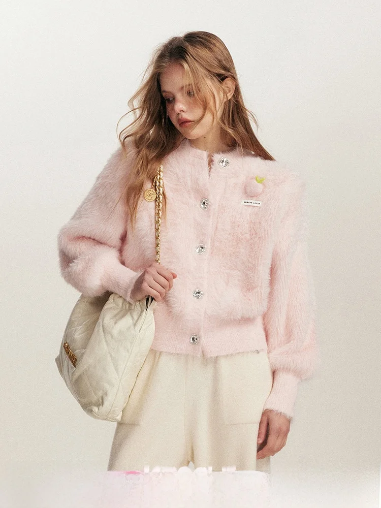 

Warmth Fene Sle Watermelon Pink Mink Sweater Cardigan Women's Faion Cozy Knitwear FR KROCHE Princ Loose Fit Button...