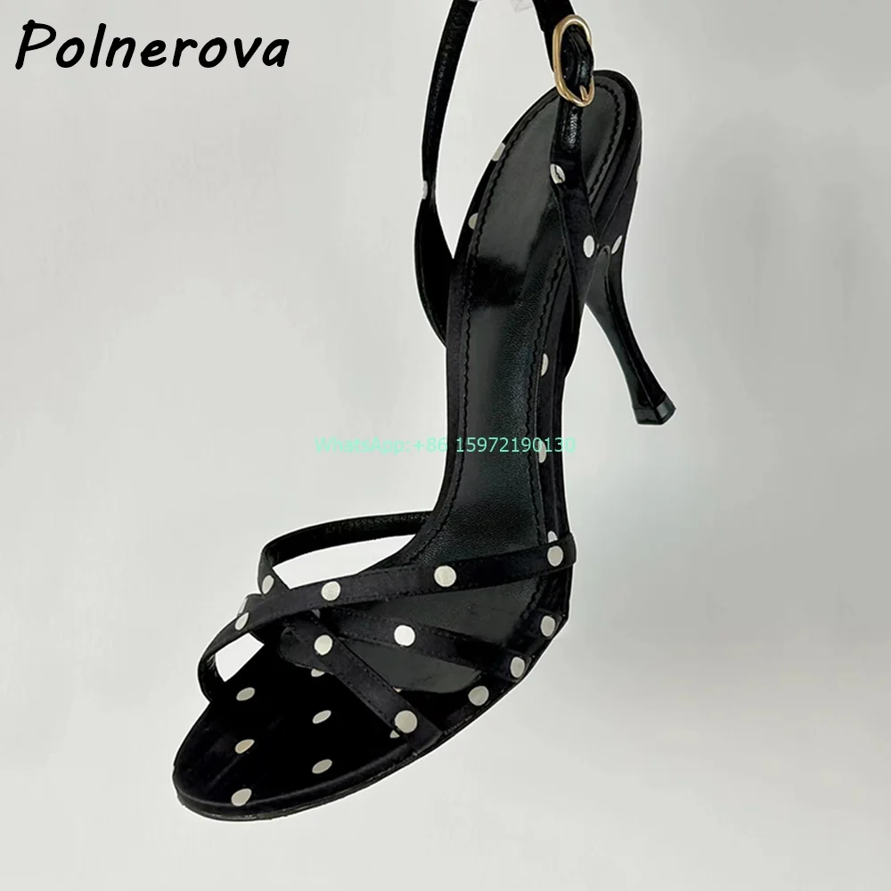 

Wave Point Mixed Color Sandals Round Toe Narrow Band Buckle Strap Thin Heels Shoes Ladies Lovely Elegant Dress Stiletto Shoes