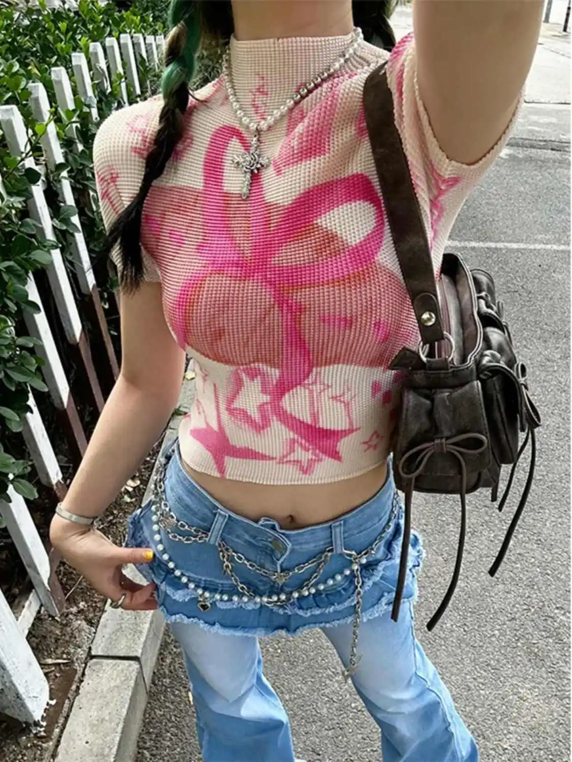 Damskie obcisłe T-shirty z krótkim rękawem, koszulki tie-dye, elastyczne crop topy, Goblin Core, styl coquette z lat 2000, estetyka Gyaru, Kpop, Kawaii, lato