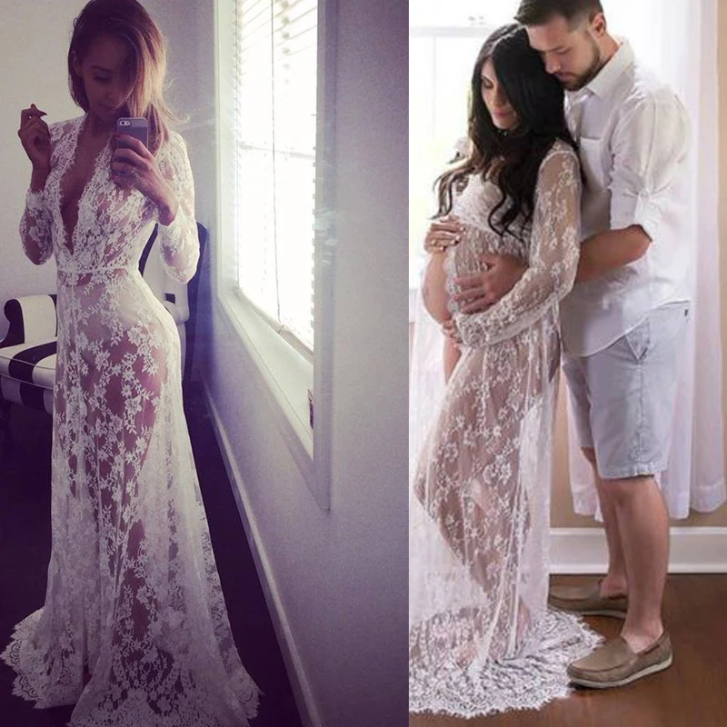 2023 NEW Boudoir Maternity Long Sleeve Lace Dress Women Deep V-Neck Wedding Party Long Dress Milk Bath Photoshoot Gown