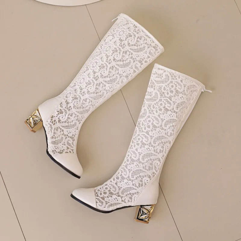 Vintage Hollow Embroider Mesh Surface Knee Length Women\'s Boot 5.5cm Thick Heel Fashion Women\'s Boot 34-47 Summer Cool Boots