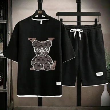 

2026 Men's Luxury Monogram Bear Print 2 Piece Outfit Waffle Knit T-shirt & Shorts Set Designer Style Casual Streetwear Tracksuit