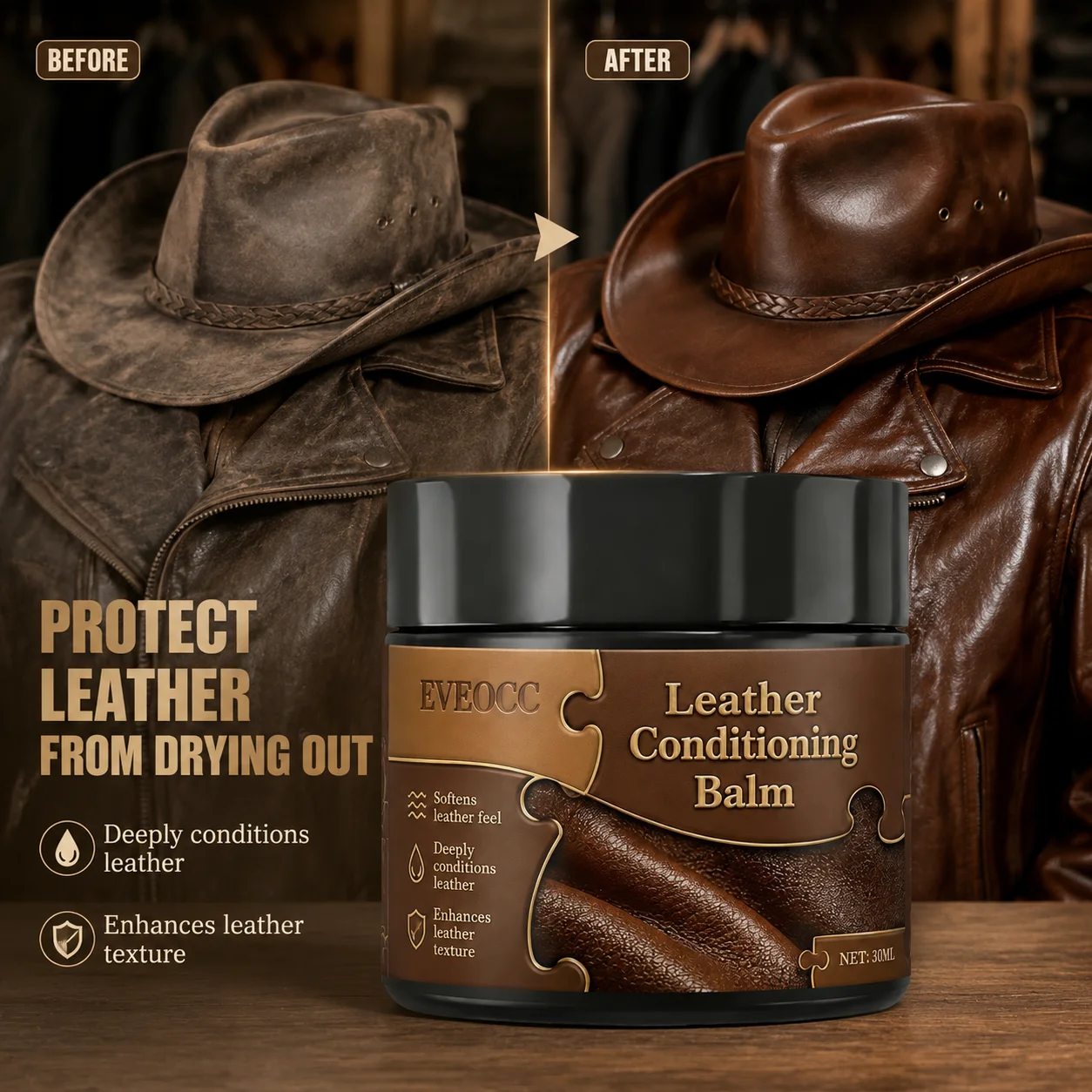 EVEOCC Leather Conditioning Balm 30ml, Deep Leather Conditioner Softens Leather & Enhances Texture for Sofa Shoes Car Seats