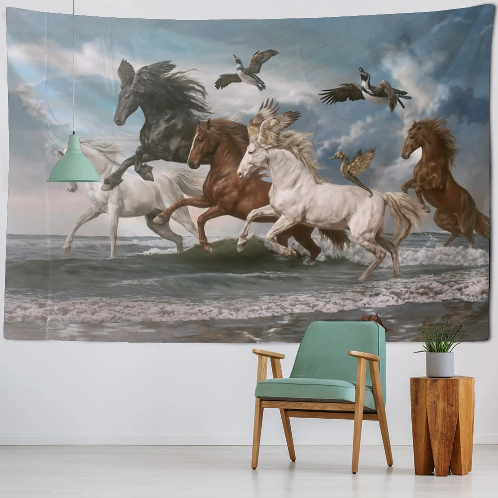 Vintage Sea Wave Horse Oil Painting Art Tapestry Home Decoration Kawaii Room Wall Decoration Background Fabric Bed Sheet