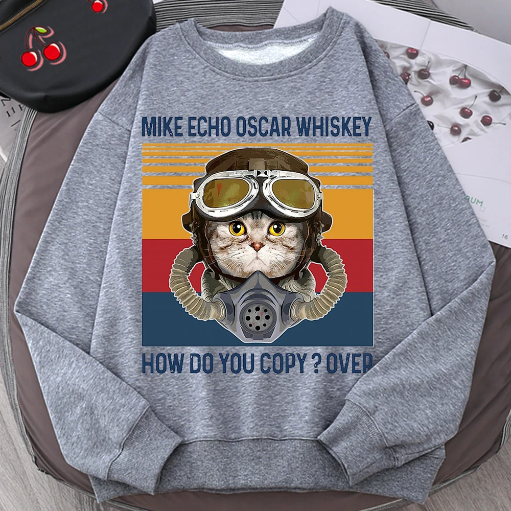 Katze machen Echo Oscar Whiskey Print Pullover Männer Fleece Sweatshirt All-Match O-Ausschnitt Kleidung Casual Unisex Hip Hop lose Sportbekleidung