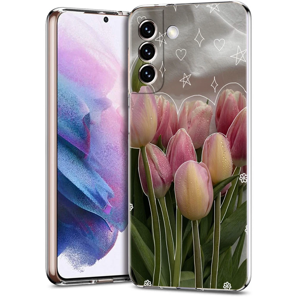 Tulip Transparent Cover for Samsung Galaxy S24 S23 S22 S20 S21 FE Ultra S24 S23 S10 S10E S9 Plus 5G Phone Case Capas Fundas Bags