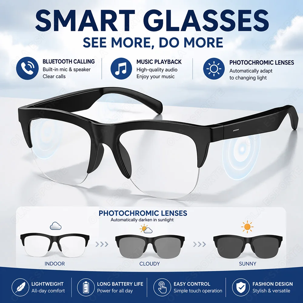 2026 Fotosensitive Farbwechsel-Smart-Brille mit Bluetooth-Sprachanrufen, Musiksteuerung, UV-Schutz und polarisierten Sonnenbrillenfunktionen – Kopfhörerbrille für Herren