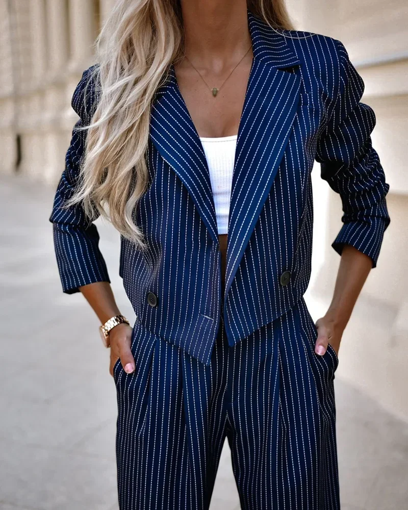 Striped Blazer Coat & Straight Leg Pants Set Women Coats Pant Sets Two Piece Suit Turn Down Collar Jackets Midi Waist Trousers