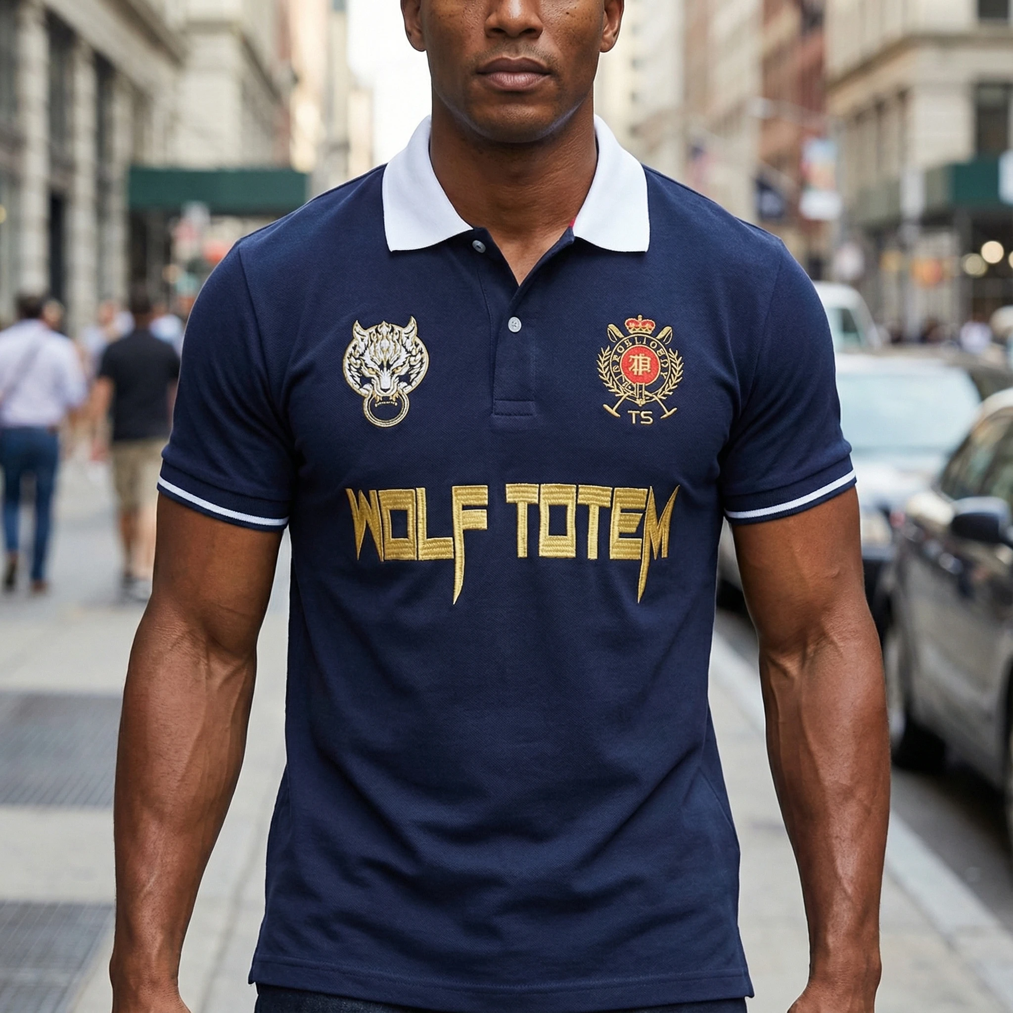 Herren-Poloshirt mit Wolfs-Totem, Baumwoll-Stickerei, Farbkontrast, Klassisches Modedesign, Reine Baumwolle, Hohe Qualität