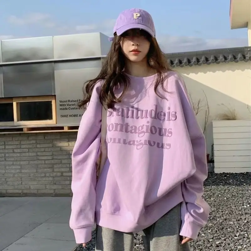 Fashion Solid Color Printing Letter Casual Sweatshirts Female Clothing 2023 Autumn Oversized Korean Tops All-match Sweatshirts