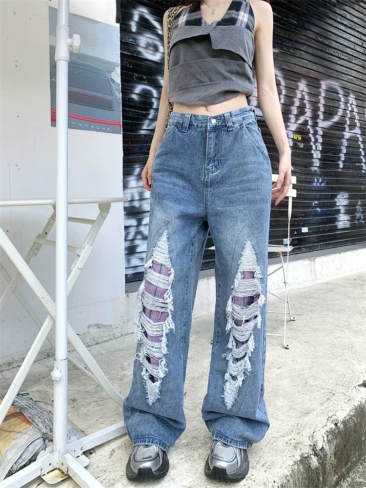 Frauen Grid Patchwork Perforierte Jeans Cool Girl Street Fashion Gerade Distressed Hosen Weibliche Hohe Taille Denim Hosen