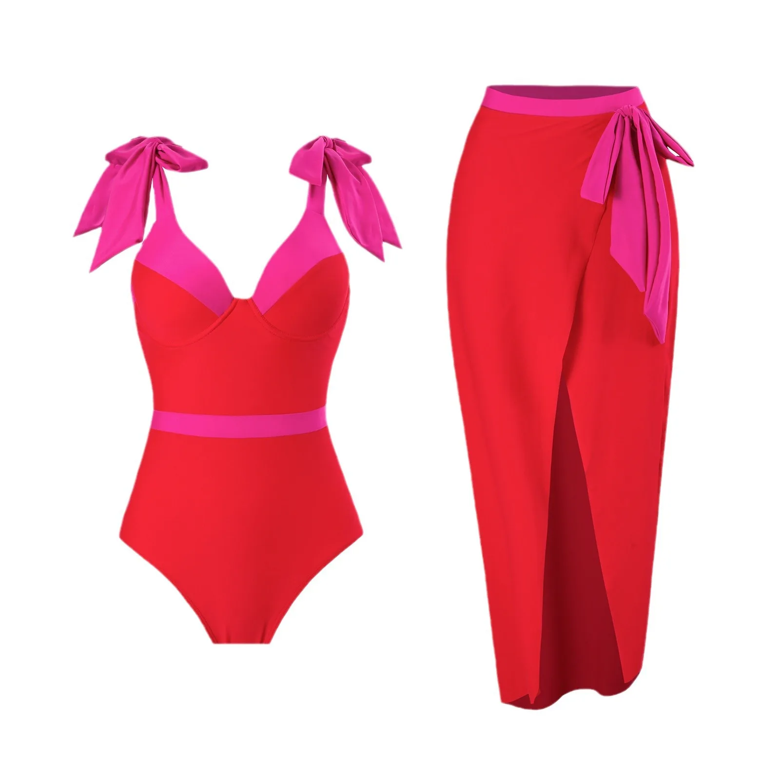 Sexy Push Up One-piece Swimsuit with Skirt Swimwear Women Costume Bow Tie Bathing Suit Beach Swim Pool 2024 Female Swimming Suit