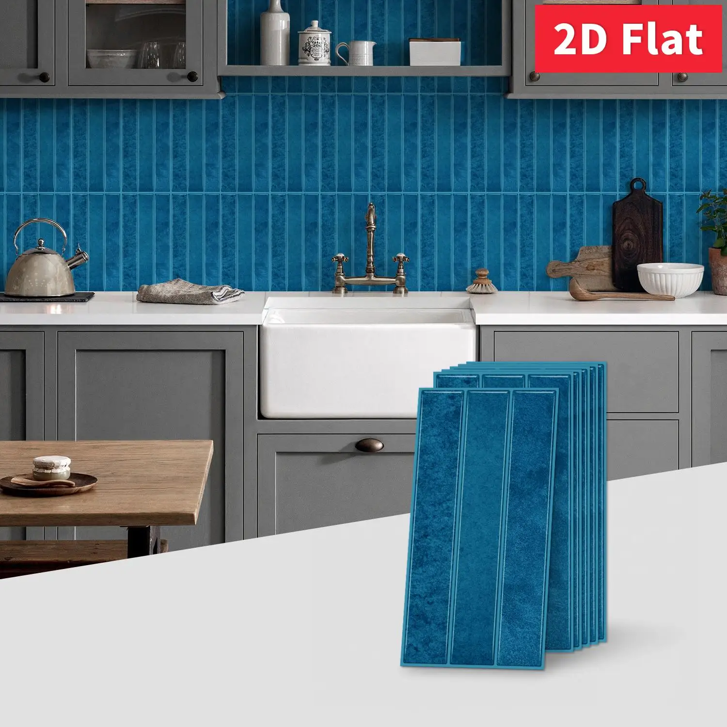 Deep Blue 2D Flat Tile Sticker 11.81×5.91 Inch Self‑Adhesive Wall Decal for Kitchen Backsplash Living Room Decoration