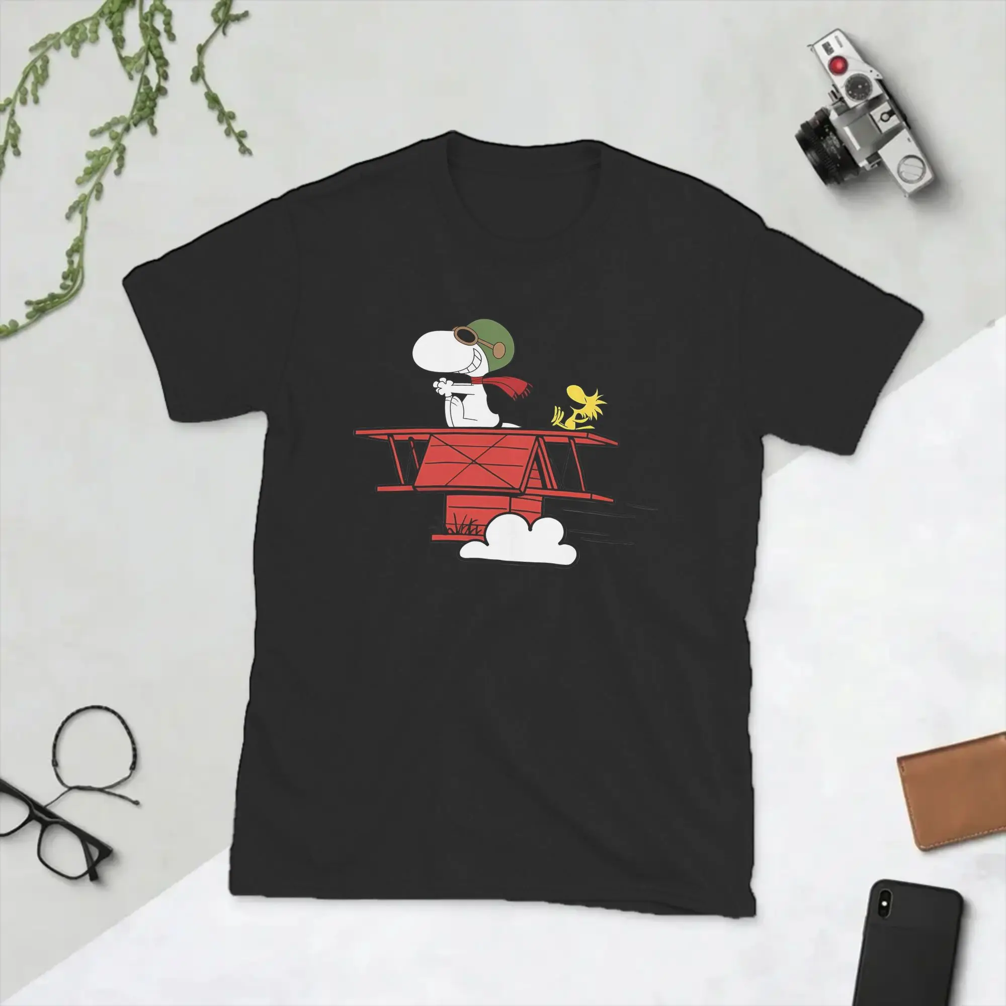 Herren-T-Shirt Camp Snoopys And Woodstock Flying Adventure Vintage T-Shirt aus 100 % Baumwolle, kurzärmeliges T-Shirt mit Rundhalsausschnitt