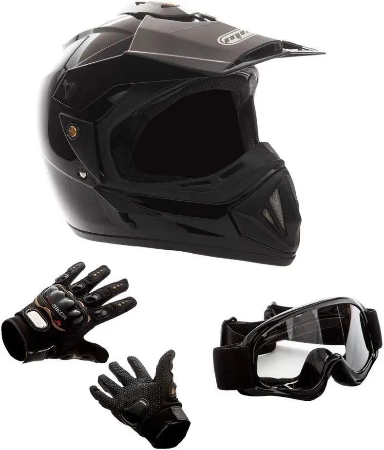 

30 Combo Adult Motorcycle Off Road Helmet DOT, MX ATV Dirt Bike Motocross UTV, Large, Shiny Black with Riding Gloves and Goggles