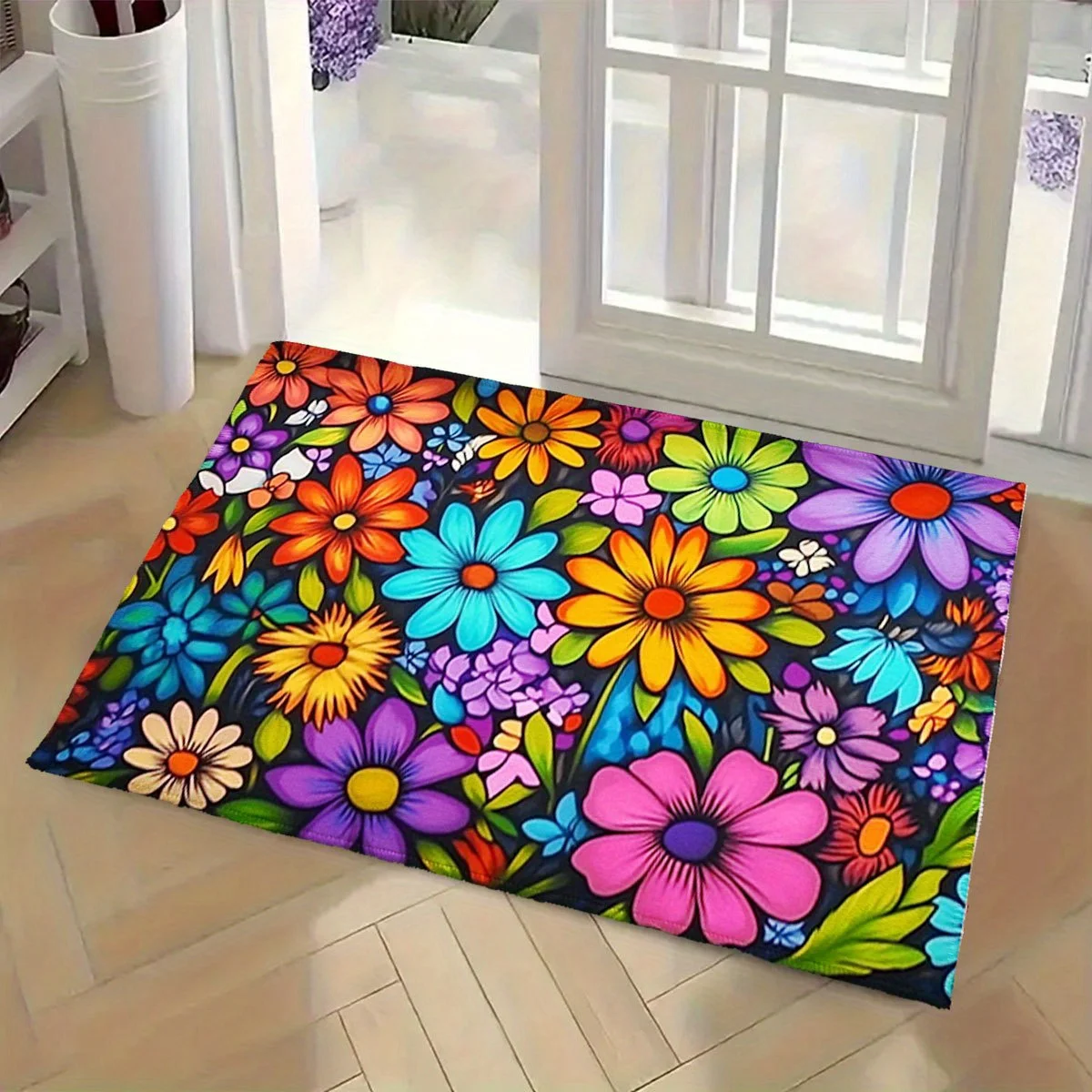 2D Flat Vibrant Colorful Daisies Floral Pattern Black Background Flannel Door Mat Non Slip Bright Garden Rug For Entryway Floor