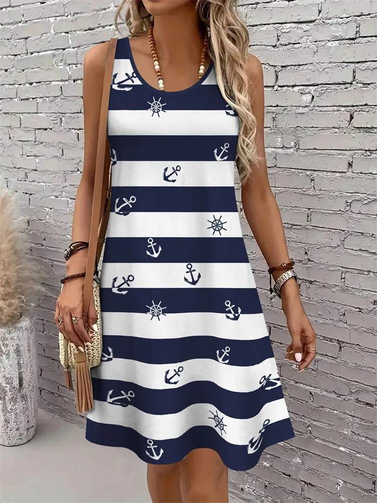 2026 Summer Women's Striped Patchwork Color-Block Dress Sleeveless Round-Neck A-Line Dress Summer Beach Vacation-Style Dress