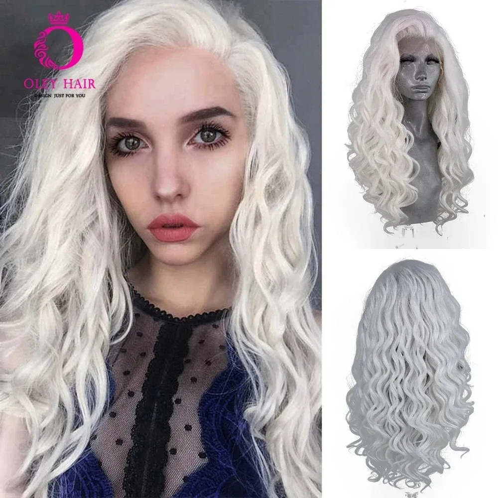 

OLEY Loose Wave White Synthetic 13x4 Lace Front Wig Drag Queen Heat Resistant Daily Cosplay Wigs for Women Glueless Preplucked