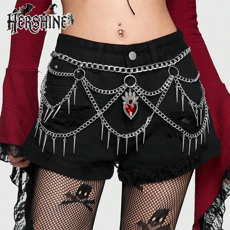 HERSHINE Women's Heart-shaped Accessory Spiked Tassel Multi-layer Waist Chain, Y2K Gothic Punk Harajuku Style，spring，summer