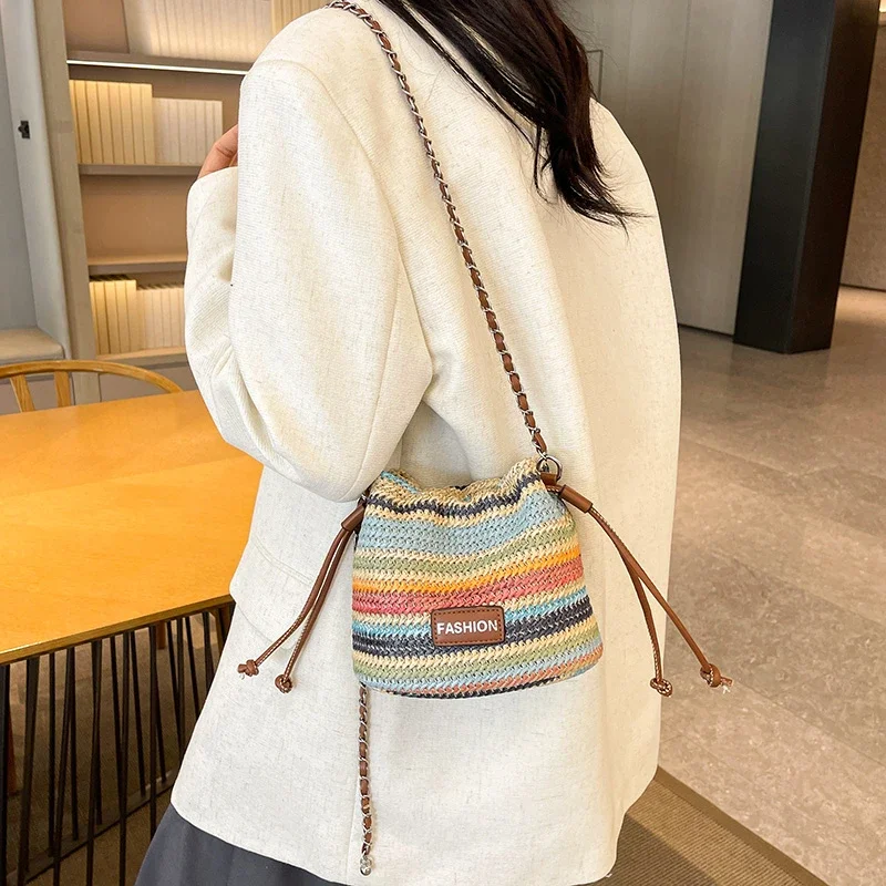 Versatile Style Grass Weaving Fashion Crossbody Bag 2024 New Summer Bucket Bag Trend Handbag High Quality Women\'s Shoulder Bags