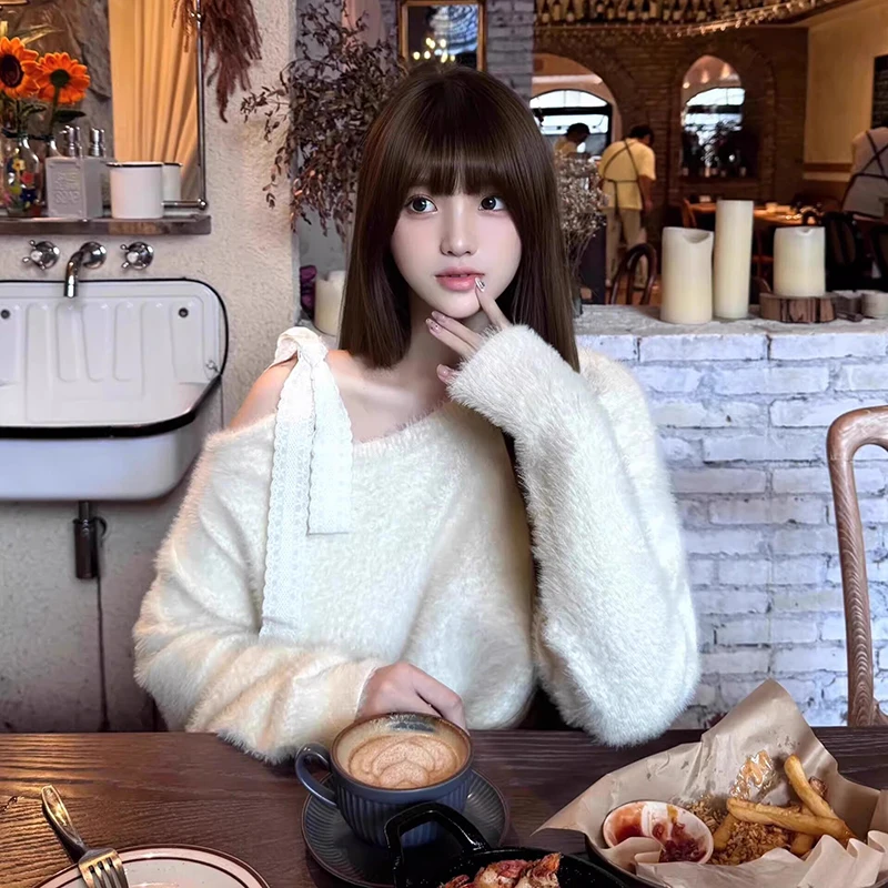 

2025 New Autumn Sweet Off Shoulder Knit Sweater Women Lazy Style Bow Loose Chic Pullovers Baggy Casual Long Sleeve Jumpers