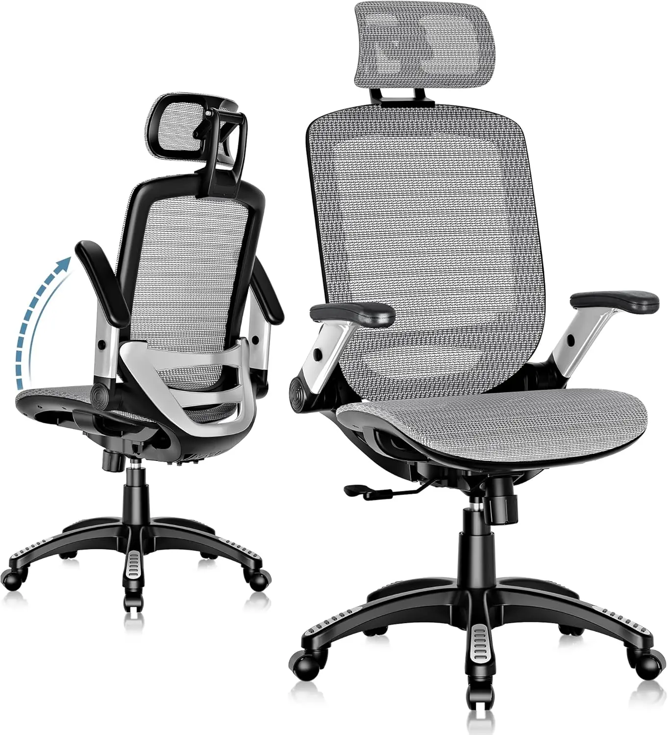 

Ergonomic Office Chair, High Back Mesh Desk Chair with Headrest, Flip-Up Arms, 90-120° Tilt Lock, Grey