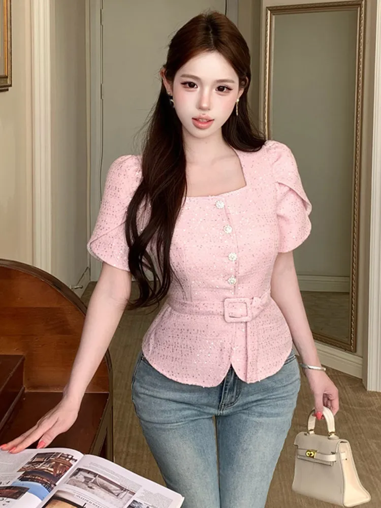 

Блестящая блузка с пайетками и квадратным вырезом, с короткими рукавами, женская, летняя, во французском стиле, сексуальная, с эффектом утяжки талии, с рукавами-фонариками, облегающий топ.