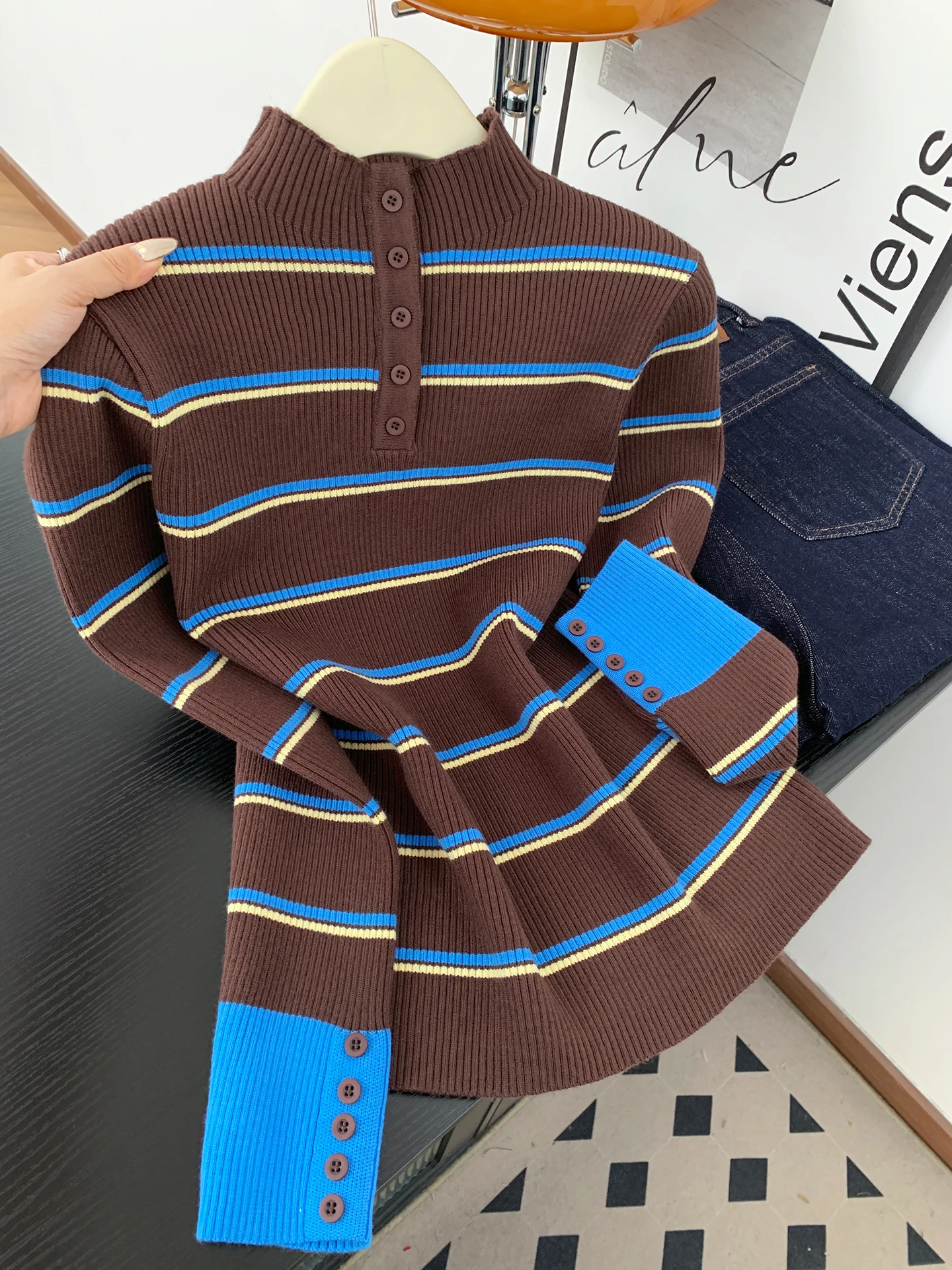 

plus Size Women's Korean Sle Knitted Top Striped Base Layer irt f Open Collar Autumn Winter Faion Commute Wind