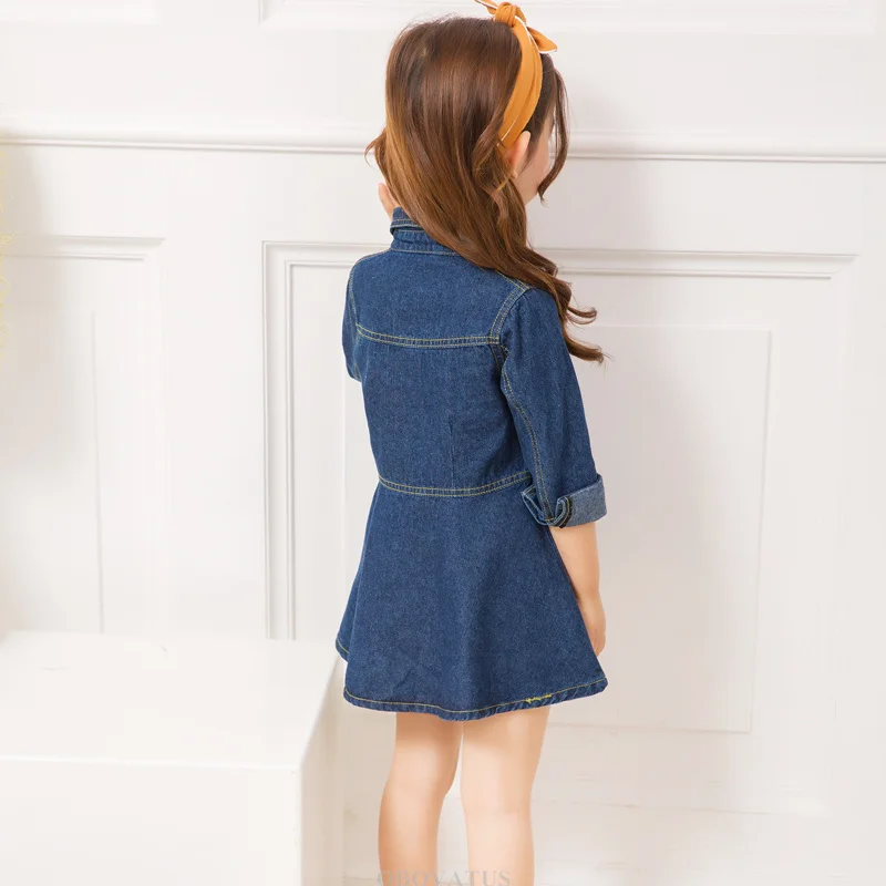 Mädchen Dunkelblaues Denim-Midikleid Koreanischer Stil Elegante Frühlings-Neuheiten Baby Kinder Langarm-Jeanskleid Für Alter 2 Bis 13 Jahre – Detail 3