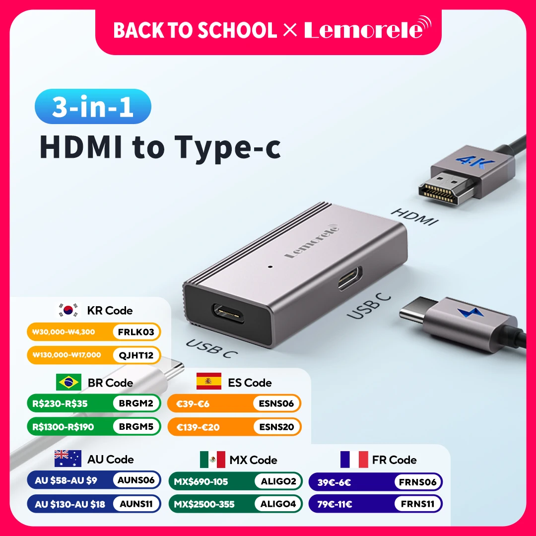 Lemorele 4K ARグラスアダプター HDMI - Type-C ARグラス充電コンバーター USB-Cビデオアダプター (Xreal Airs、Rokid Switch対応)