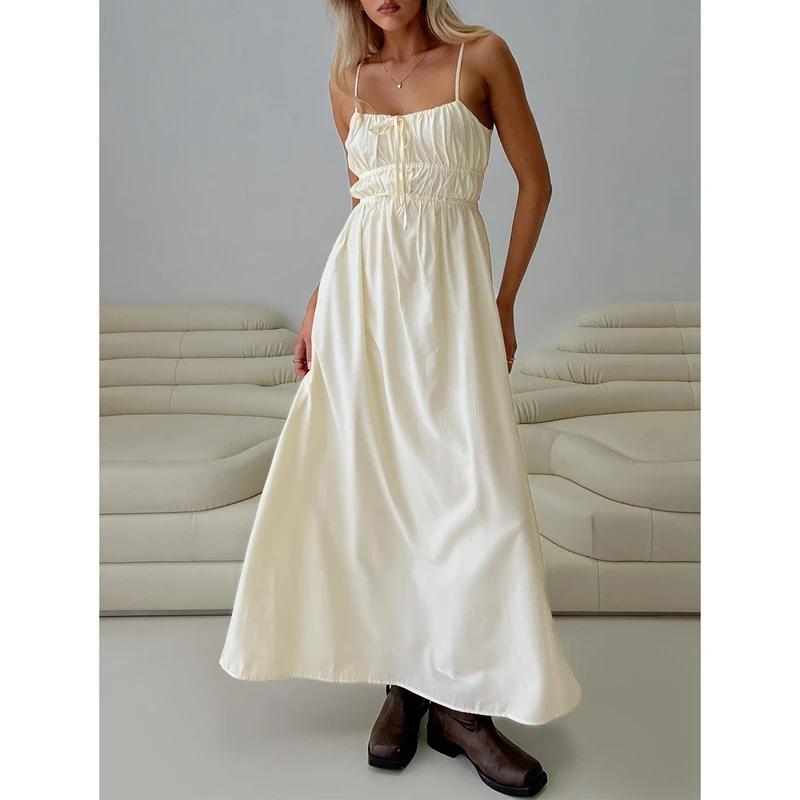 Combhasaki Donna Estate Elegante Senza Maniche Collo Quadrato Fiocco Legato Decor Smocked Increspato Cinghie Regolabili A-line Cami Abito Lungo