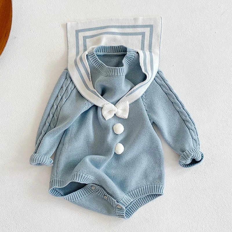 

Newborn Baby Girl Jumpsuit Navy Collar Knitting Long Sleeve Toddler Baby Girl Romper Autumn Spring Baby Girl Knitting Clothing