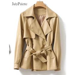 Julypalette Fashion Short Real Sheepskin Leather Jackets&Coats 2022 Fall Winter Women Lace-up Lapel Long Sleeve Leather Outwear