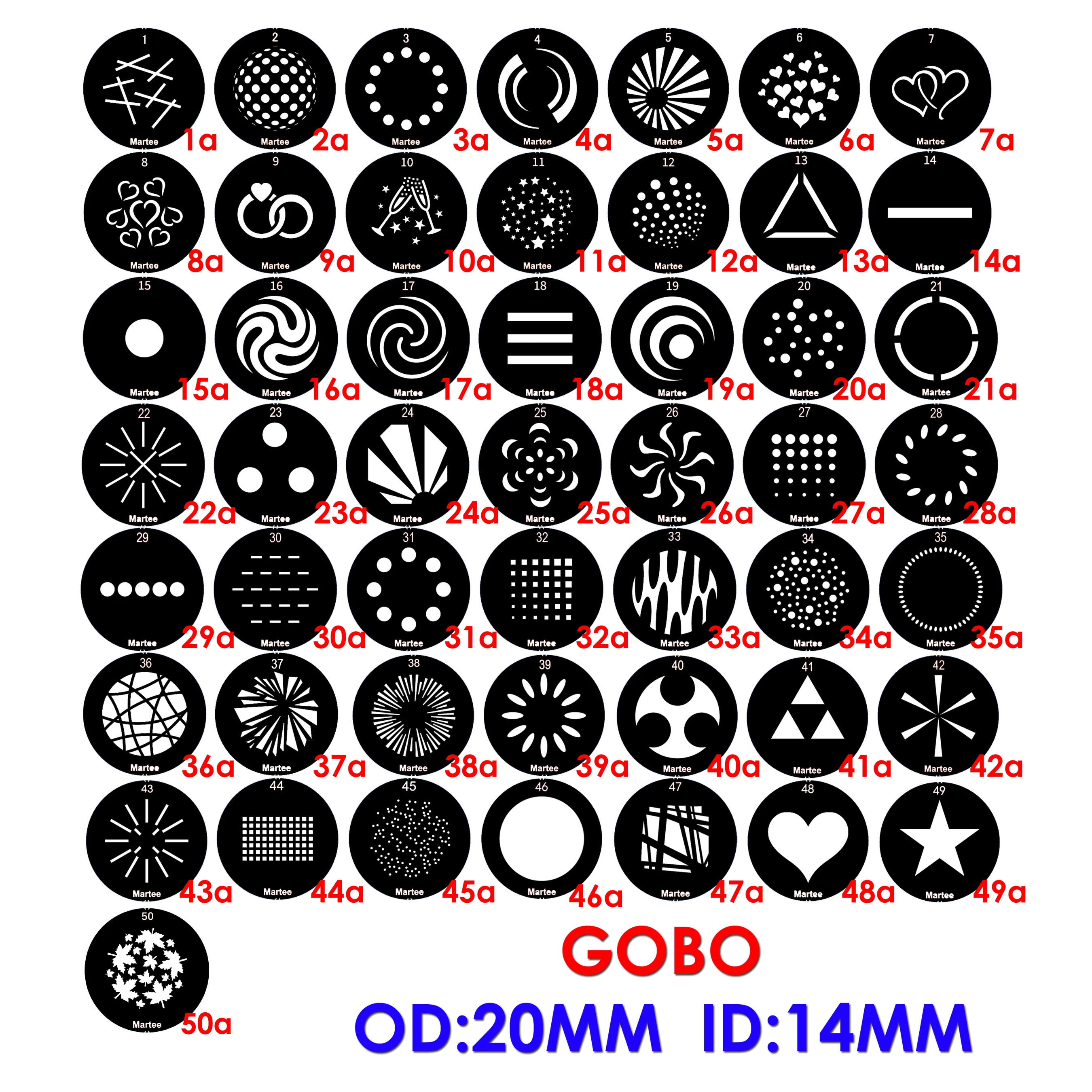 OD 20mm Gobo, Bild 11mm & 14mm, klassisches Moving-Head-Lichtmuster, Hochzeitsfeier, Tanzmaschine, singendes Strahllicht